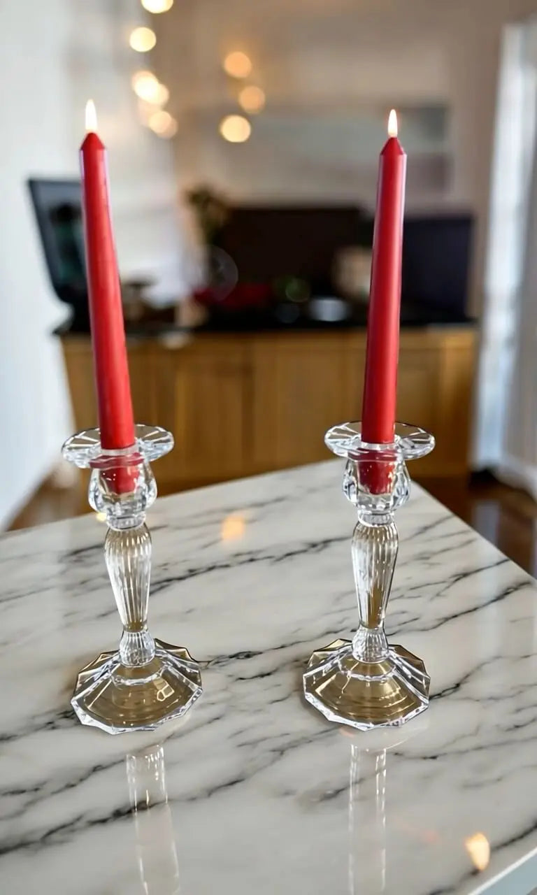 Two lit red taper beeswax candles in clear glass holders on marble table