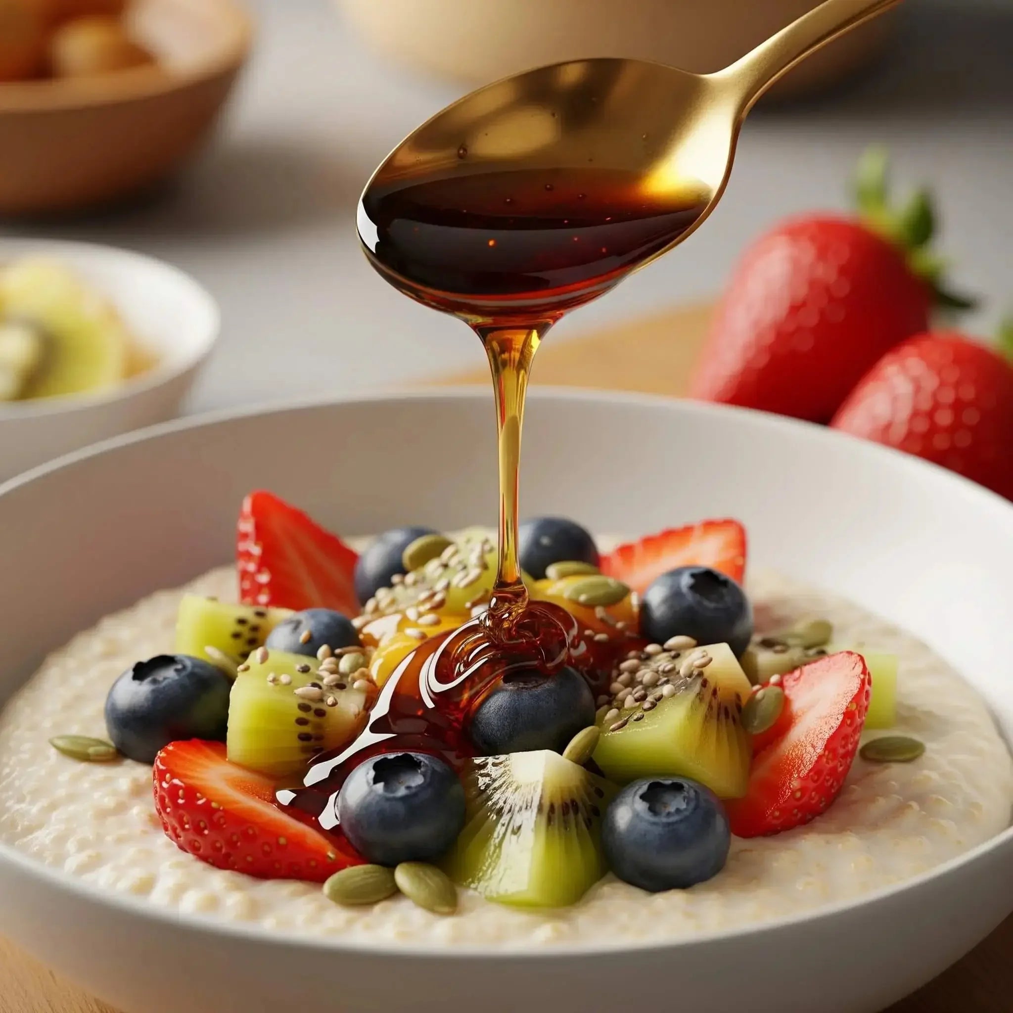 Golden honey drizzling from spoon onto bowl of porridge topped with strawberries, blueberries, kiwi, seeds