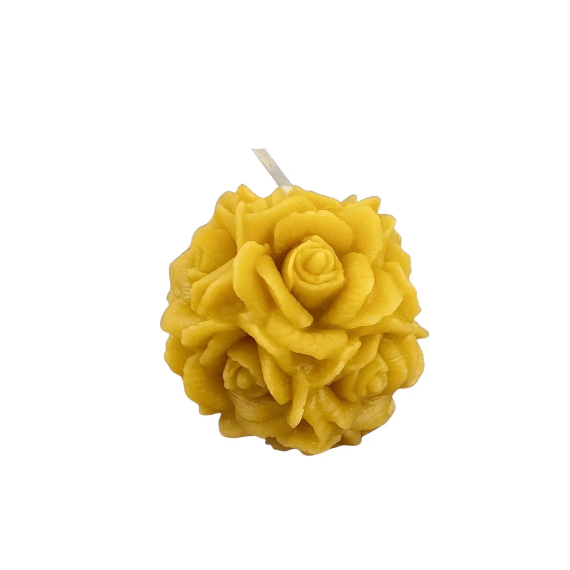 Natural British beeswax candle shaped like a detailed yellow rose cluster with wick