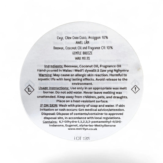 Wax Melts made with British Beeswax and Coconut Oil and Gentle Breeze (Awel Lân) - Mêl Llŷn