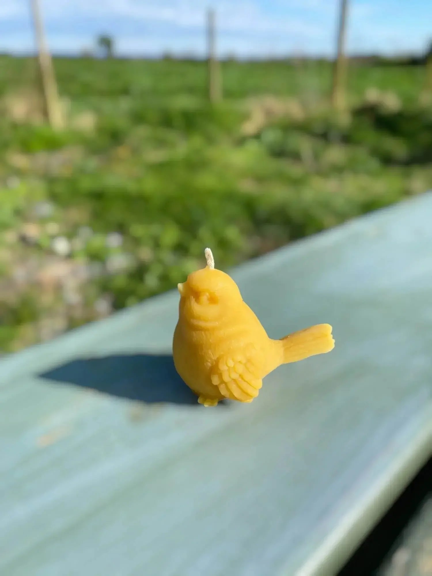 Small natural beeswax candle shaped like a bird on a wooden surface with green background