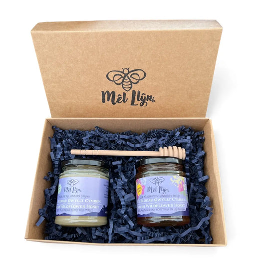 Mêl Llŷn - 227g  Welsh Soft Set Honey & 227g Summer Honey Gift Box with Stirrer