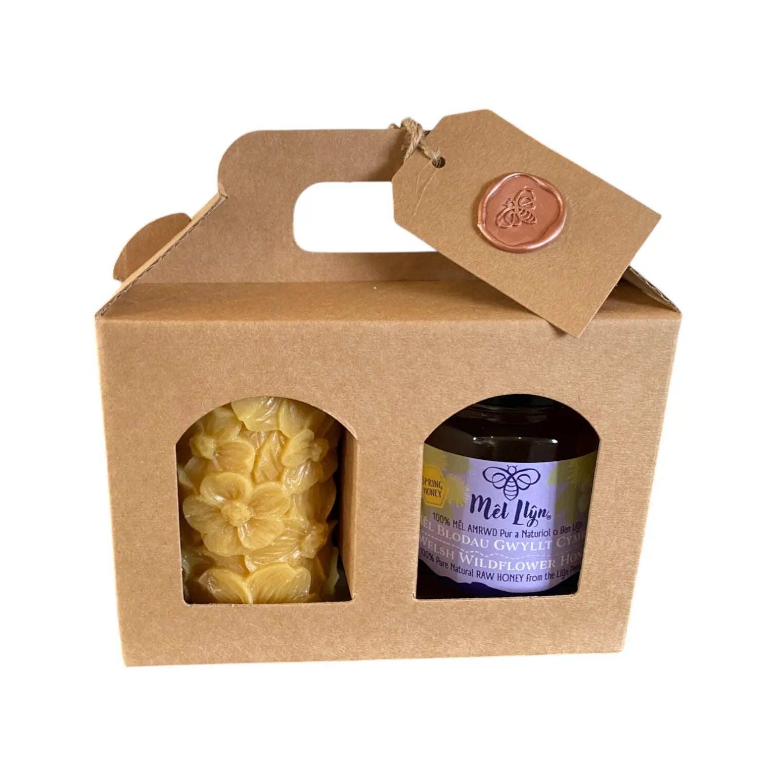 Flower Mosaic Beeswax Candle & Summer Honey Gift Set (340g) | Raw Welsh Honey from Llŷn Peninsula Mêl Llŷn