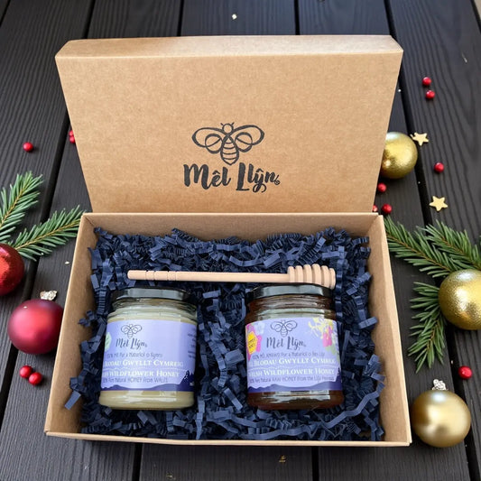 Mêl Llŷn - 227g  Welsh Soft Set Honey & 227g Summer Honey Gift Box with Stirrer