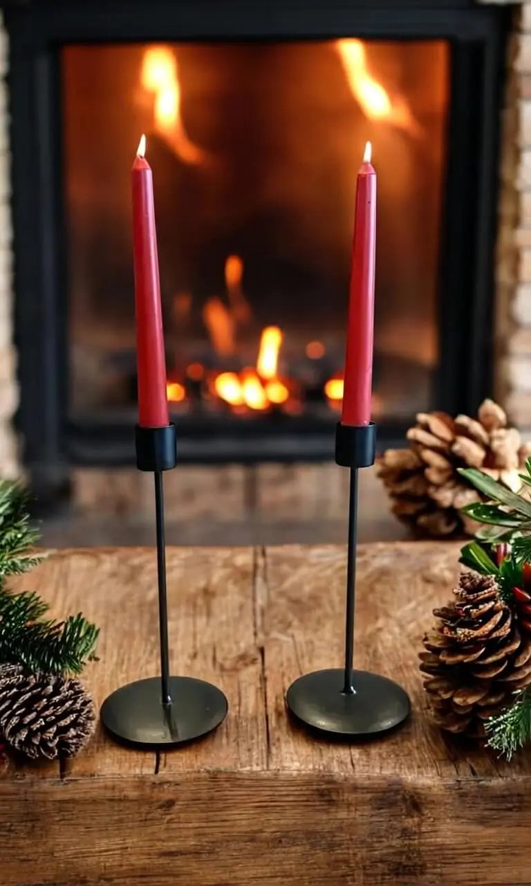 Two red taper beeswax candles in black holders on wooden table with pinecones and greenery by fireplace