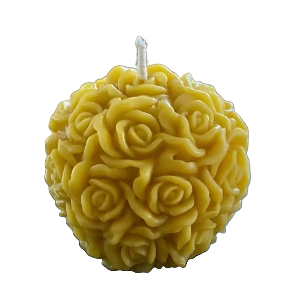 Round beeswax candle shaped like a bouquet of detailed roses with a central wick