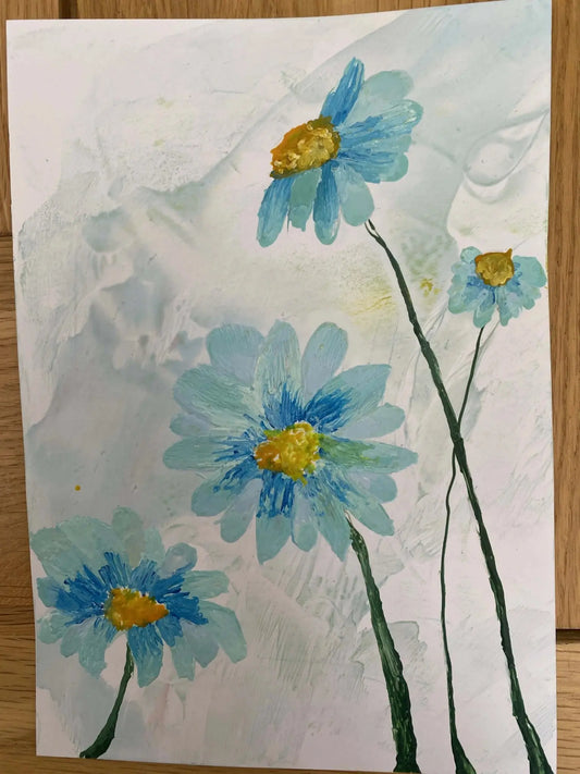 Original Encaustic Artwork Blue Daises - made with Beeswax (A5 Portrait) - Mêl Llŷn