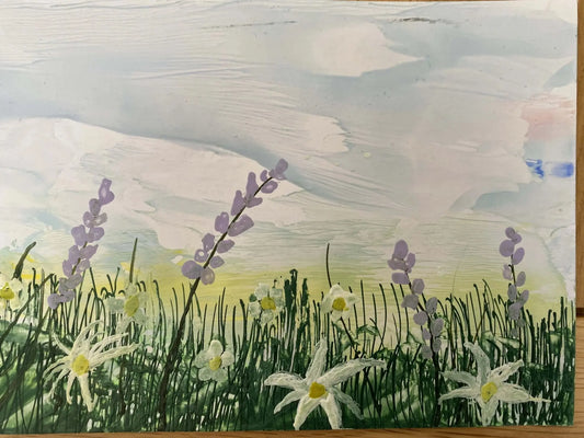 Original Encaustic Artwork Wildflower Field - made with Beeswax (A5 Landscape) - Mêl Llŷn