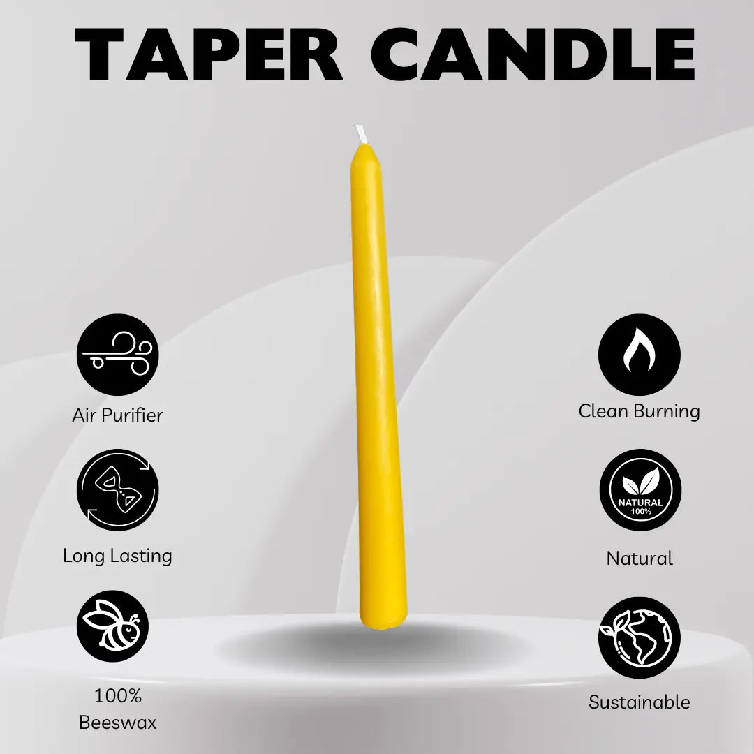 Single yellow handmade taper beeswax candle with icons for air purifier, long lasting, clean burning, natural, and sustainable