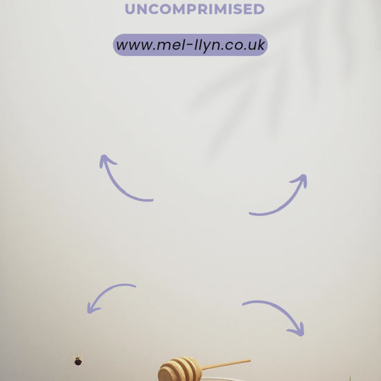 Advert of raw honey with features surrounded by flowers and a jar of honey