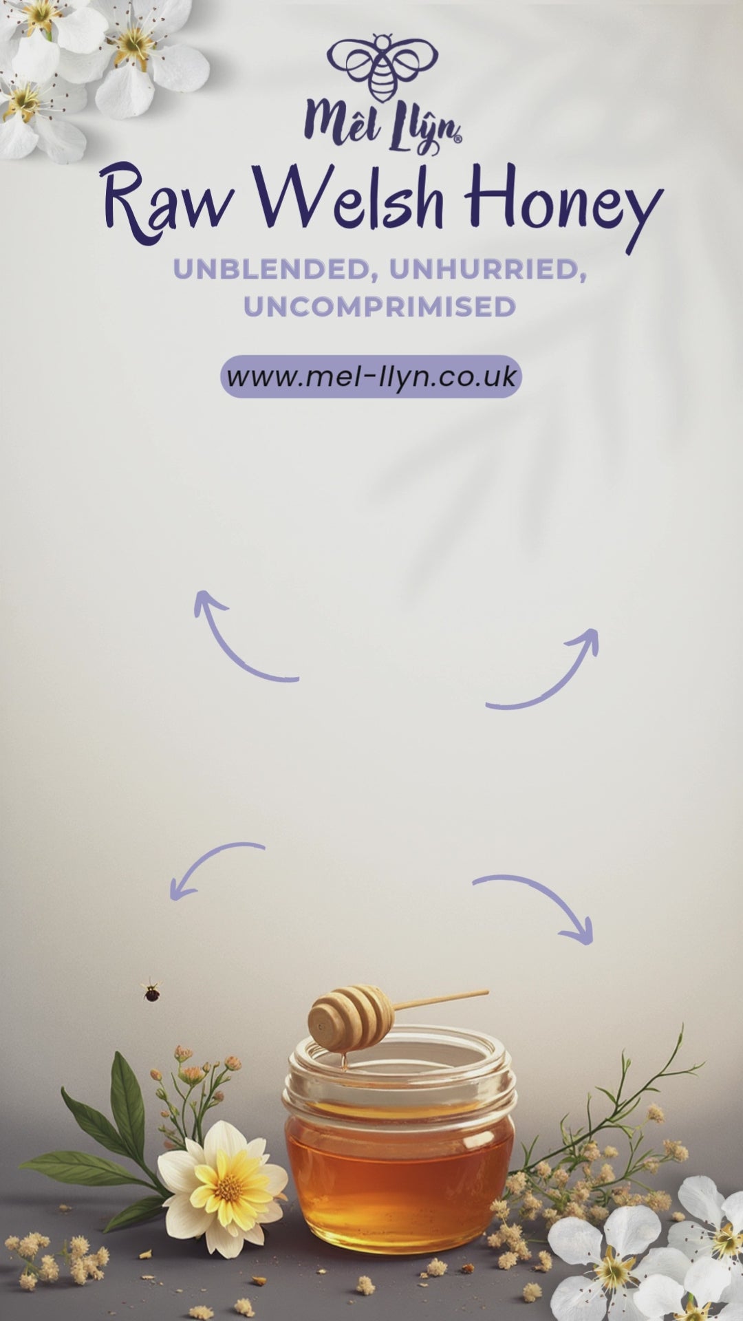 Advert of raw honey with features surrounded by flowers and a jar of honey