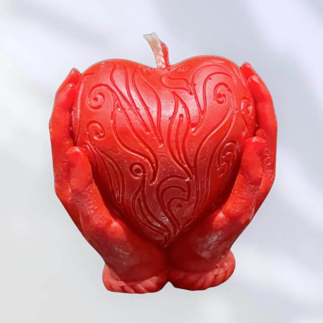 Red Handmade Beeswax Heart in Hands Candle - Mêl Llŷn