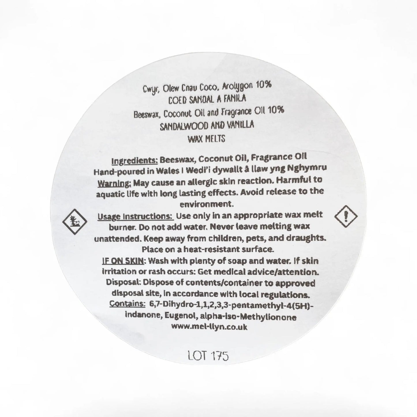 Wax Melts made with British Beeswax - blended with Coconut Oil, Sandalwood and Vanilla fragrance oil - Mêl Llŷn